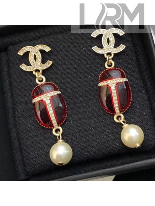 Chanel Beetle Pearl Earrings Red 2019