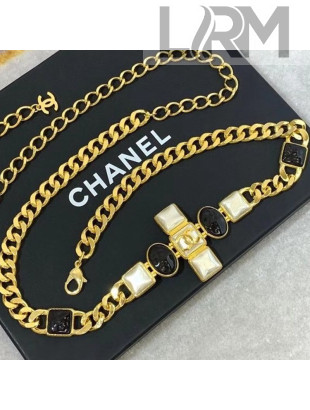 Chanel Resin Stone Chain Belt AB5072 Pearly White/Black 2020