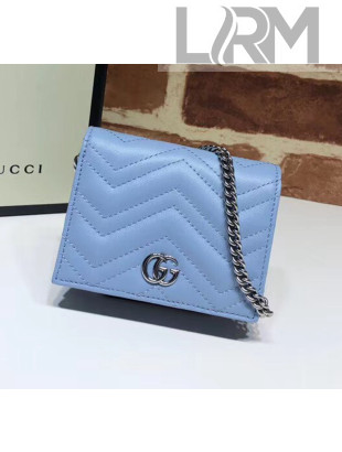 Gucci GG Marmont Matelassé Card Case Wallet With Chain 625693 Pastel Blue 2020