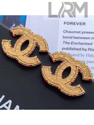 Chanel Vintage Textured Multicolor Crystal Trim CC Earrings Gold 2019