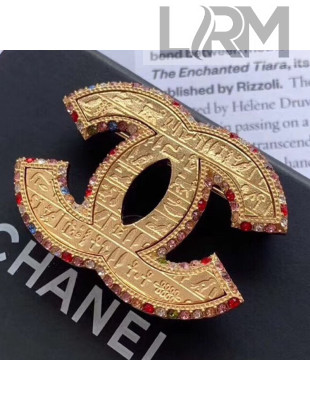 Chanel Vintage Textured Multicolor Crystal Trim CC Brooch Gold 2019