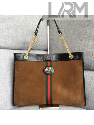 Gucci Large Tote with Tiger Head in Suede and Patent Leather 537219 Brown 2018