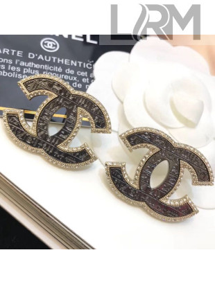 Chanel Vintage Textured Crystal Trim CC Earrings Black 2019