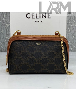 Celine Clutch with Chain Bag in Triomphe Canvas and Lambskin Brown 2021