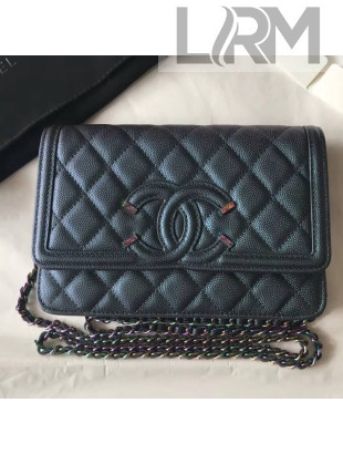 Chanel Metallic Grined Green Calfskin CC Filigree Wallet on Chain WOC Bag A84451 2018
