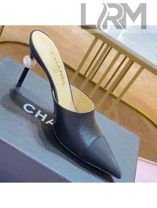 Chanel Leather Pointed Toe Pearl High-Heel Mules Black 2019