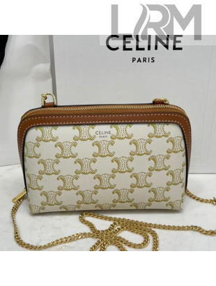 Celine Clutch with Chain Bag in Triomphe Canvas and Lambskin White 2021