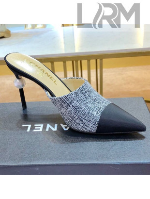 Chanel Leather Pointed Toe Pearl High-Heel Mules Gray 2019