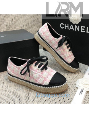 Chanel Tweed Espadrilles Sneakers with Pearl Trim Pink 2020
