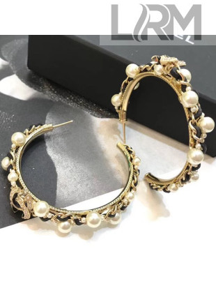 Chanel Pearl Leather and Chain Hoop Earrings AB1516 Black 2019