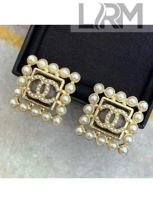 Chanel Glass Stone Pearl Squrae Stud Earrings AB5336 Gray 2020
