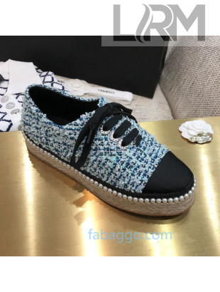 Chanel Tweed Espadrilles Sneakers with Pearl Trim Light Blue 2020