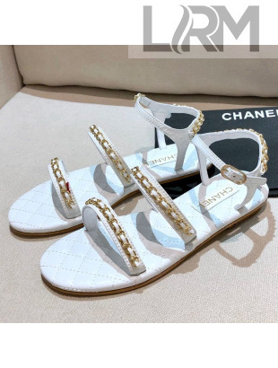 Chanel Leather Chain Flat Sandals G36934 White 2021