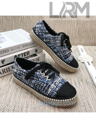 Chanel Tweed Espadrilles Sneakers with Pearl Trim Dark Blue 2020