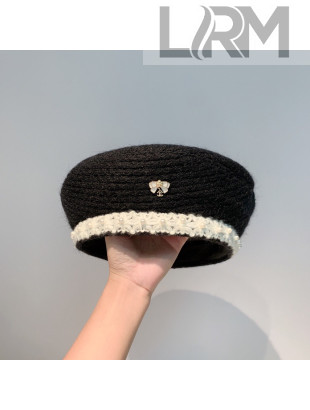 Chanel Tweed Beret Hat with Crochet and Pearl Black 2021 110497