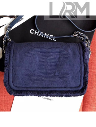 Chanel Fringe Trim Fabric CC Flap Bag Blue 2019