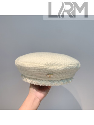 Chanel Tweed Beret Hat with Crochet and Pearl White 2021 110498