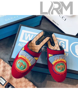Gucci Leather Slipper Mule with Embroidery Patch Red 2019