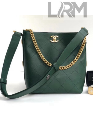 Chanel Button Up Calfskin & Grosgrain Small Hobo Handbag A57573 Green 2018