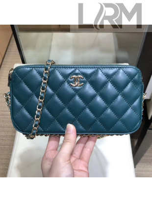 Chanel Quilted Lambskin Double Clutch with Chain AP0738 Blue 2019