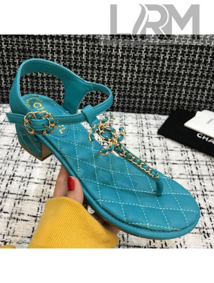 Chanel Leather Heel Thong Sandals with Chain Charm Peacock Green 2021