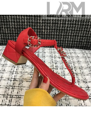 Chanel Leather Heel Thong Sandals with Chain Charm Red 2021