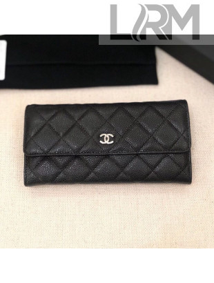 Chanel Classic Quilted Grained Leather Flap Wallet A50096 Black/Silver 