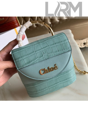 Chloe Small Aby Lock Top Handle Bag in Crocodile Embossed Calfskin Blue 2020