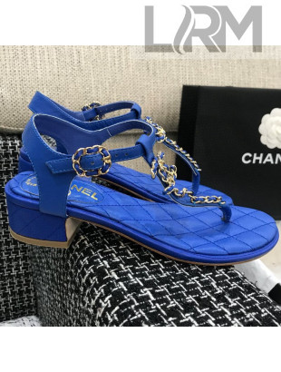 Chanel Leather Heel Thong Sandals with Chain Charm Royal Blue 2021