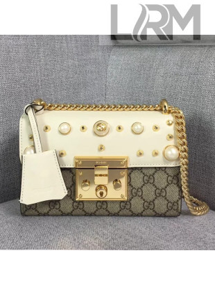 Gucci Small GG Studded Shoulder in Studed Leather and Canvas With Pearls 432182 White