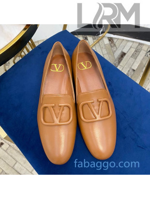 Valentino Garavani VLogo Calfskin Flat Loafers Brown 2020