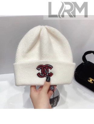 Chanel Wool Knit Hat with CC Patch White 2021