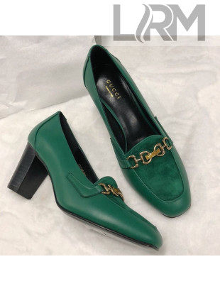 Gucci Calfskin Horsebit Mid-Heel Loafer Pumps 70mm Green 2020