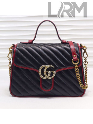 Gucci GG Diagonal Marmont Leather Small Top Handle Bag 498110 Black/Red 2019