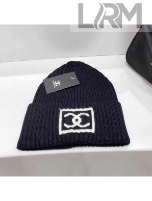Chanel Wool Knit Hat with Square CC Black 2021