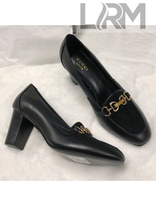 Gucci Calfskin Horsebit Mid-Heel Loafer Pumps 70mm Black 2020