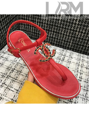 Chanel Lambskin Flat Thong Sandals with Chain CC Red 2021