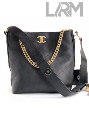 Chanel Button Up Calfskin & Grosgrain Small Hobo Handbag A57573 Black 2018