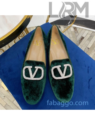 Valentino Garavani Crystal VLogo Velvet Flat Loafers Dark Green 2020