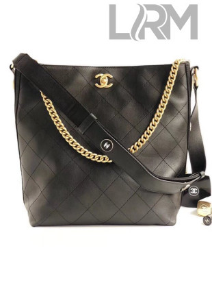 Chanel Button Up Calfskin & Grosgrain Large Hobo Handbag A57576 Black 2018