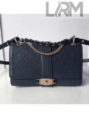Chanel Calfskin & Ruthenium-Finish & Gold-Tone Metal Medium Flap Bag A57578 Navy Blue 2018