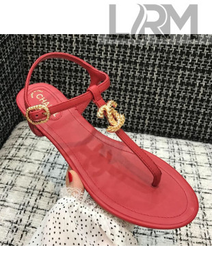 Chanel Lambskin Flat Thong Sandals with Metal CC Red 2021