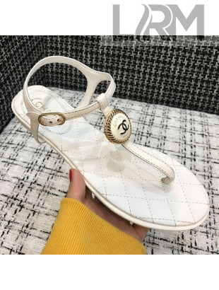 Chanel Lambskin Flat Thong Sandals with Button Charm White 2021