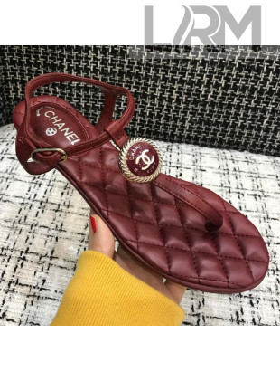 Chanel Lambskin Flat Thong Sandals with Button Charm Burgundy 2021