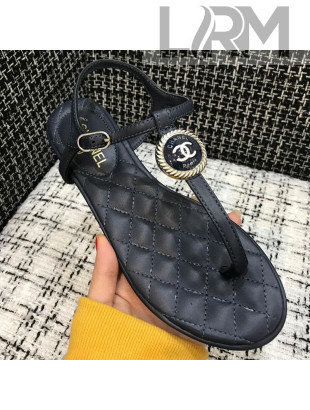 Chanel Lambskin Flat Thong Sandals with Button Charm Dark Blue 2021