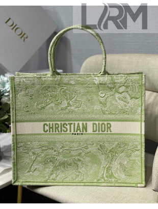 Dior Large Book Tote Bag in Green Toile de Jouy Reverse Embroidery 2021