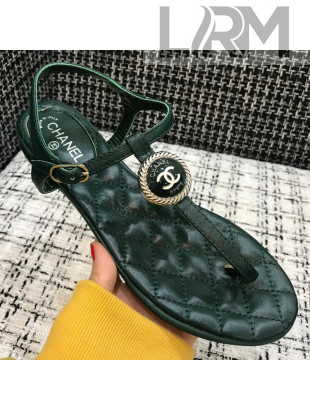 Chanel Lambskin Flat Thong Sandals with Button Charm Dark Green 2021