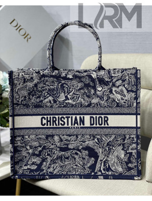 Dior Large Book Tote Bag in Navy Blue Toile de Jouy Reverse Embroidery 2021
