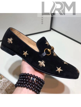 Gucci Men's Jordaan Bee Velvet Horsebit Loafer Black/Gold 