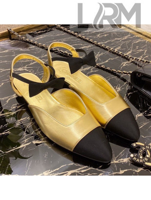 Chanel Laminated Leather Flat Mary Janes Slingback with Black Bow G36361 Gold 2020